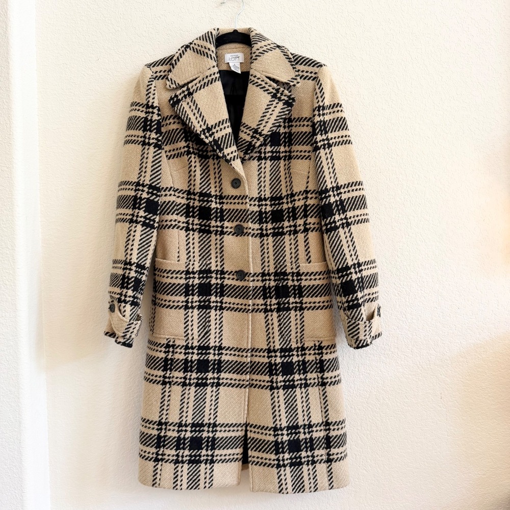 Ann Taylor LOFT Womens Wool Blend Plaid Overcoat Beige Black Size 4